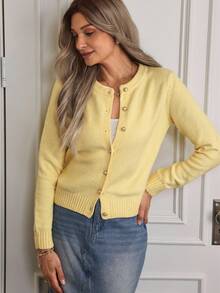 Aalyst Women Crew Neck Long Sleeve Single-Breasted Minimalist Elegant Cardigan, Autumn & Winter,Long Sleeve Tops - Yellow - View 4