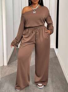 Slaydiva Ensemble 2 pièces ample à manches longues avec une épaule inclinée, un Top avec cordon élastique à la taille et poches, et un pantalon à jambes larges. Couleur brun foncé. Convient pour l'automne/hiver, le retour à l'école, le style de rue, les sorties, le travail, l'aéroport, les fêtes, le quotidien, etc. - Tabac - Voir 8