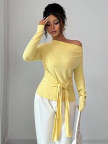 Elenzga Knitted Asymmetric Neck Cinched Waist Women T-Shirt, Minimalist Elegant Tie-Up Women Top Fall Cloth For Women