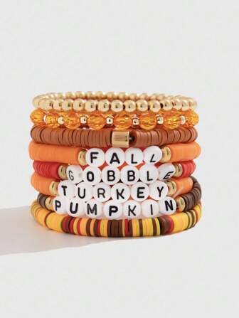 Fairycore 8 pièces/set Bracelets de charme en argile polymère avec perles et lettres de Thanksgiving, bracelets de charme faits main avec feuille d'érable et citrouille, bijoux d'automne et de Thanksgiving, cadeau pour épouse/fille, Halloween