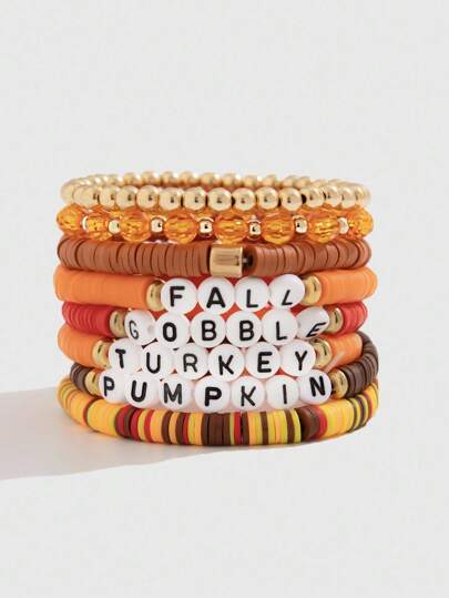 Fairycore 8pcs/Set Thanksgiving Letter Beaded Crystal Polymer Clay Charm Bracelets, Handmade Maple Leaf & Pumpkin Charm Bracelets, Autumn Thanksgiving Jewelry Gift For Wife/Daughter, Halloween