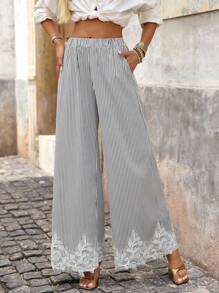 Brillora Women's Striped Wide Leg Palazzo Pants,Black And White Checkered,Summer,Boho,Vacation,Holiday Lace Patchwork Pockets Casual Loose Long Pants - Black - View 11