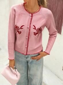 Vivid Eden Women's Contrast Trim Raglan Sleeve Single-Breasted Casual Cardigan Sweater In Fall/Winter - Pink - View 4