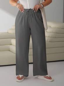 SHEIN EZwear Quần ống rộng cạp rút màu trơn cỡ lớn thường ngày, xuân/hè - Màu xám đen - Xem 7
