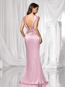 Coutiva Women's Elegant Solid Color Backless Formal Evening Gown - Pink - View 2