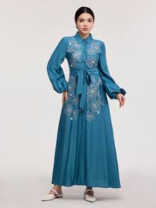Veilorie 女士优雅花卉刺绣亮片拼接灯笼袖系带长裙，春秋 - 水鴨藍 - 查看 5