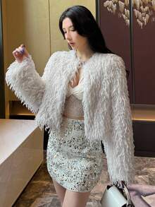 DAZY 女士V领宽松休闲蓬松夹克冬季蓬松外套 - 白色 - 查看 5