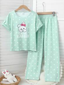 SHEIN 2 件套女童可爱兔子波尔卡圆点印花短袖上衣和宽松裤子休闲舒适睡衣 - 綠色 - 查看 3