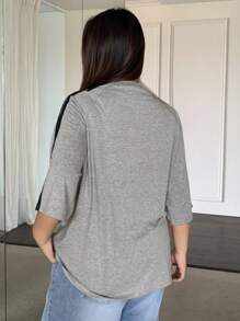 Dazy Plus Contrast Color Patchwork Ribbon Loose Round Neck 3/4 Sleeve Plus Size Street Style T-Shirt For Women, Early Autumn