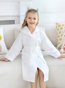 SHEIN 1 Stück, Waffelmuster Kapuzen Bademantel für Studenten, Doppellagiger Wabenmuster Waffelbademantel für Studenten, Studentenbademantel, verdickt und weich, wasserabsorbierend und schnelltrocknend, Rosa/Grün/Weiß, Kapuzen Bademantel für Studenten