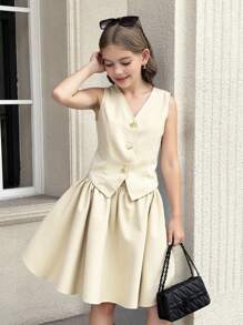 SHEIN Tween Girls Solid Apricot Beige Puffy Hem Suit Vest 2 In 1 Sleeveless Dress, Back To School, Formal Dresses, Summer Dress, Girls School Dress, School Clothes For Girls, Teen Girl Clothes For School, Girls School Clothes, Girls Back To School Outfits, Mommy And Daughter Outfits - Khaki - View 13