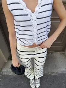 Pariaura Women's V-Neck Single-Breasted Striped Casual Knit Vest Knitted Sweater Clothes For University