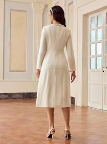 ZEYLAH FAUX PEARL AND BEADED DETAIL RUCHED WAIST MIDI DRESS - Apricot - View 4