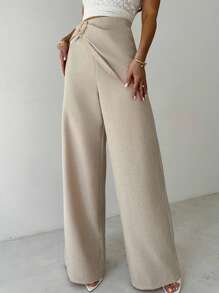 Firerie Quần váy mùa hè mới thanh lịch đơn giản thời trang đi làm vải lanh kỳ nghỉ phụ kiện kim loại quấn phía trước vải lanh sợi tre chất liệu màu mơ - Màu be - Xem 7