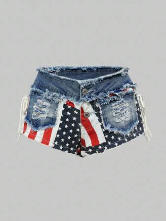 ROMWE Avant Pantalones cortos de mezclilla con parches de bandera estadounidense de talla grande y cintura baja