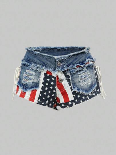 ROMWE Avant Pantaloncini di jeans taglie forti a vita bassa con patchwork a motivo bandiera americana