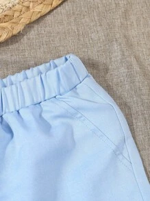 SHEIN 男婴夏季正式绅士套装三件套，短袖衬衫配蝴蝶结+单排扣马甲+休闲短裤，适合婚礼、演出、派对、生日、圣诞节、毕业典礼等场合。 - 藍色 - 查看 7