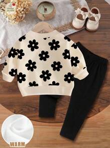 SHEIN 2pcs Baby Girl Casual Floral Pattern Knit Thick Crew Neck Long Sleeve Sweatshirt And Leggings Set, Black & White, Suitable For Autumn/Winter Fall