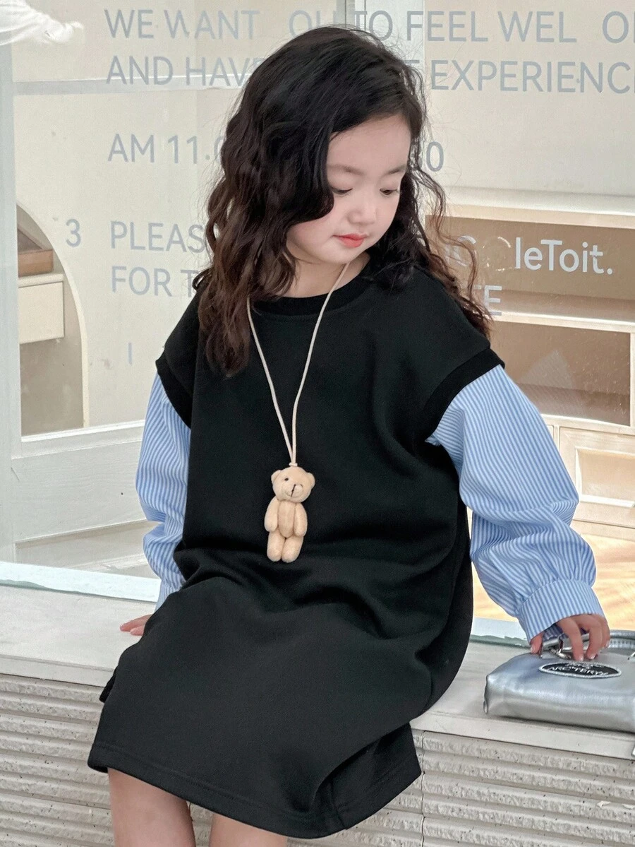 DAZY Vestido curto de manga comprida com decote redondo e contraste de cores para meninas (pequeno)