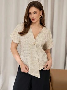 Auralis 大码女式单扣蝙蝠袖宽松休闲衬衫 - 杏色 - 查看 5