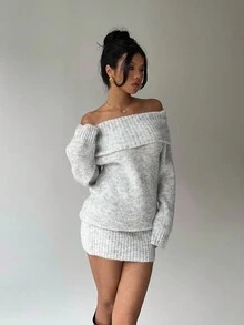Aloruh 灰色露肩高领长袖迷你毛衣裙，上衣宽松下装紧身，适合年轻女士，秋冬 - 灰色 - 查看 5