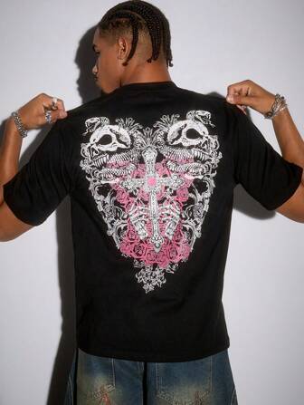 Goth Camiseta casual de cuello redondo de manga corta con estampado gráfico para hombres, versátil para el verano