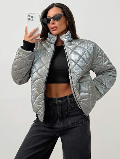 EURMUSE Women, Winter, Ski, Snow, Quilted, Crop Length, Long Sleeve, Sport, Ski, Snow, Light Weight Womens Puffer Jacket Silver Puffer Jacket Quilted Jacket Metallic Puffer Jacket Womens Silver Jacket Womens Quilted Jacket Silver Quilted Jacket Y2k Jacket Women Jacket Grey Jacket Womens Jacket Women Jackets