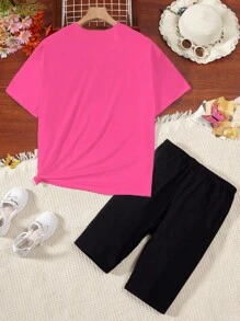 SHEIN Sparklyn Tween Girl Casual Summer Heart Print T-Shirt And Tight Shorts 2 Pieces Set - Multicolor - View 2