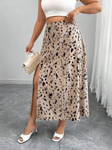 Elenzga Gonna sexy con spacco, stile A-line, con stampa leopardata, adatta per appuntamenti e vacanze, taglie comode per donne curvy