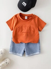 SHEIN 男女嬰幼兒 2件組 100%純棉 春夏休閒可愛 3D字母印花短袖T恤與短褲套裝，男嬰套裝，男嬰夏季衣物，Squishy - 鏽棕色 - 查看 5