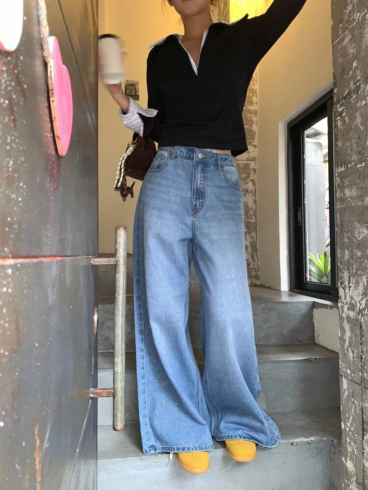 Women's Korean Style Sequin Embellished Loose Fit Jeans
