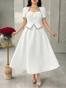 Feyla Vestido midi elegante de mujer con cuello de ojo de cerradura, mangas abultadas y cinta de contraste en la cintura