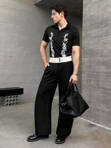 SWAVVY Men's Fashion Loose Woven Mid-Waist Trousers, Fall - Black and White - View 5