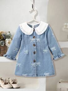 Mädchen/Kleinkinder/Babys modische, süße Schleifenprint Langarm Denim Kleid mit Knopfkragen, weich & bequem, locker geschnitten, geeignet für Outdoor-Tragen im Frühling und Herbst
