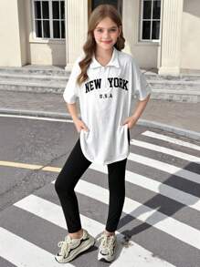SHEIN Ensemble de 2 pièces pour jeune fille, style streetwear, t-shirt demi-zip avec col et legging noir unicolore, pour le port casual quotidien - Blanc - Voir 12