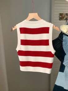 Comfortcana 夏季大码休闲条纹无袖针织上衣 - 紅白色 - 查看 2