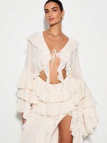 KIZN Áo choàng voan dài xếp nếp thanh lịch có tay chuông ấn tượng, thích hợp mặc đi biển, dự tiệc cưới, tiệc tối, mùa hè, mùa xuân - trắng - Xem 4