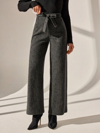 CLARA VERO Women Solid Color Tie Front Detailed Wide Leg Pants