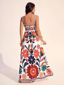 SHEIN Tall 女式无袖收腰A字型花卉印花度假休闲连衣裙，春夏 - 白色 - 查看 2