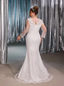 Glamrae Elegantes romantisches Brautkleid in Große Größen mit tiefem V-Ausschnitt, Schulterausschnitt, Blumendekoration, luxuriösen französischen Quasten, Patchwork-Strick und Meerjungfrauensaum mit Schleppe