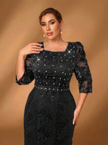 Serin Vestido formal de sirena con mangas medianas, elegante y romántico, con encaje muy adornado con cuentas y rhinestones, apropiado para gala, banquete, madre de la novia, talla grande