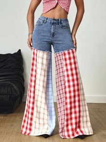 SHEIN Tall 女式高腰拼布格子阔腿牛仔裤 - 彩色 - 查看 6