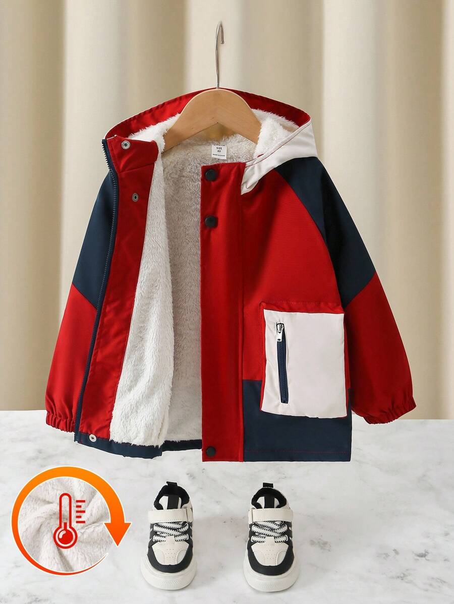 SHEIN 男童撞色拉链领保暖连帽冬季外套