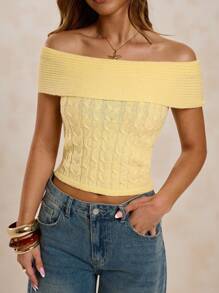 SHEIN BAE Summer Casual Solid Color Knitted Top,Cute,Streetwear,Basic Tops,Knit Sweater,Back To School,Off The Shoulder Sweater,Cute Sweater,Cropped Sweater,Fall For Women,Fall Sweaters,Off The Shoulder Sweater,Off Shoulder Sweater,Fall For Women,Fall Sweaters,Fall Women,Halloween Sweater - Yellow - View 7