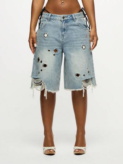 SUMWON WOMEN Distressed Denim Bermuda Shorts With Eyelet Details Side Tie Belt Loops Frayed Hem Festival Summer Beach Ripped Cargo Jorts