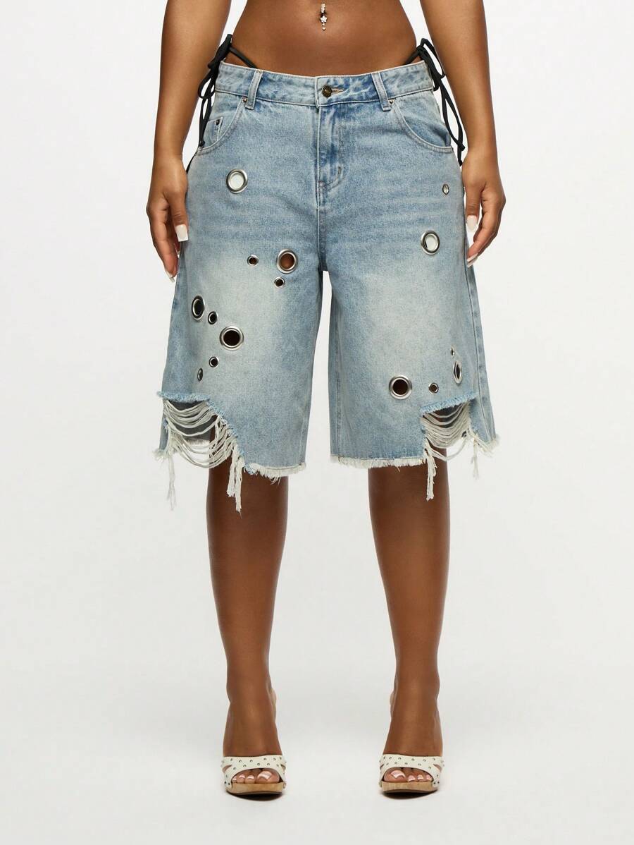SUMWON WOMEN Distressed Denim Bermuda Shorts With Eyelet Details Side Tie Belt Loops Frayed Hem Festival Summer Beach Ripped Cargo Jorts - Multicolor - View 1