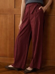 Écloséra Elegant Loose Straight Pleated Solid Color Pants, Spring/Summer Fall Cloth For Women - Red - View 5