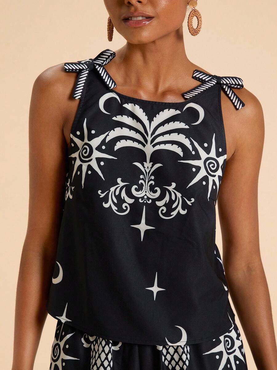 SHEIN TRVLCHIC 2 件套女士休闲纯色梭织印花无袖背心和高腰宽松短裤套装 - 彩色 - 查看 1