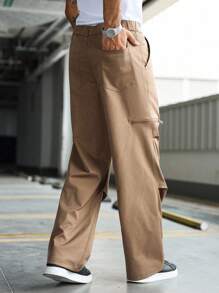 Manfinity EMRG Herren Lässig Plissee Gerade Bein Hose, Straßen-Stil Jugend Weite Cargo Hose Khaki Cargo Hose Braun Cargo Hose Herren Cargo Hose Herren Taktische Arbeitshose