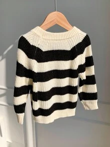SHEIN Baby/Toddler Unisex Black And White Striped Knit Sweater With Cute 3D Bear Graphic,Soft Casual Pullover For Back-To-School,Autumn/Winter Daily Wear - Black and White - View 2